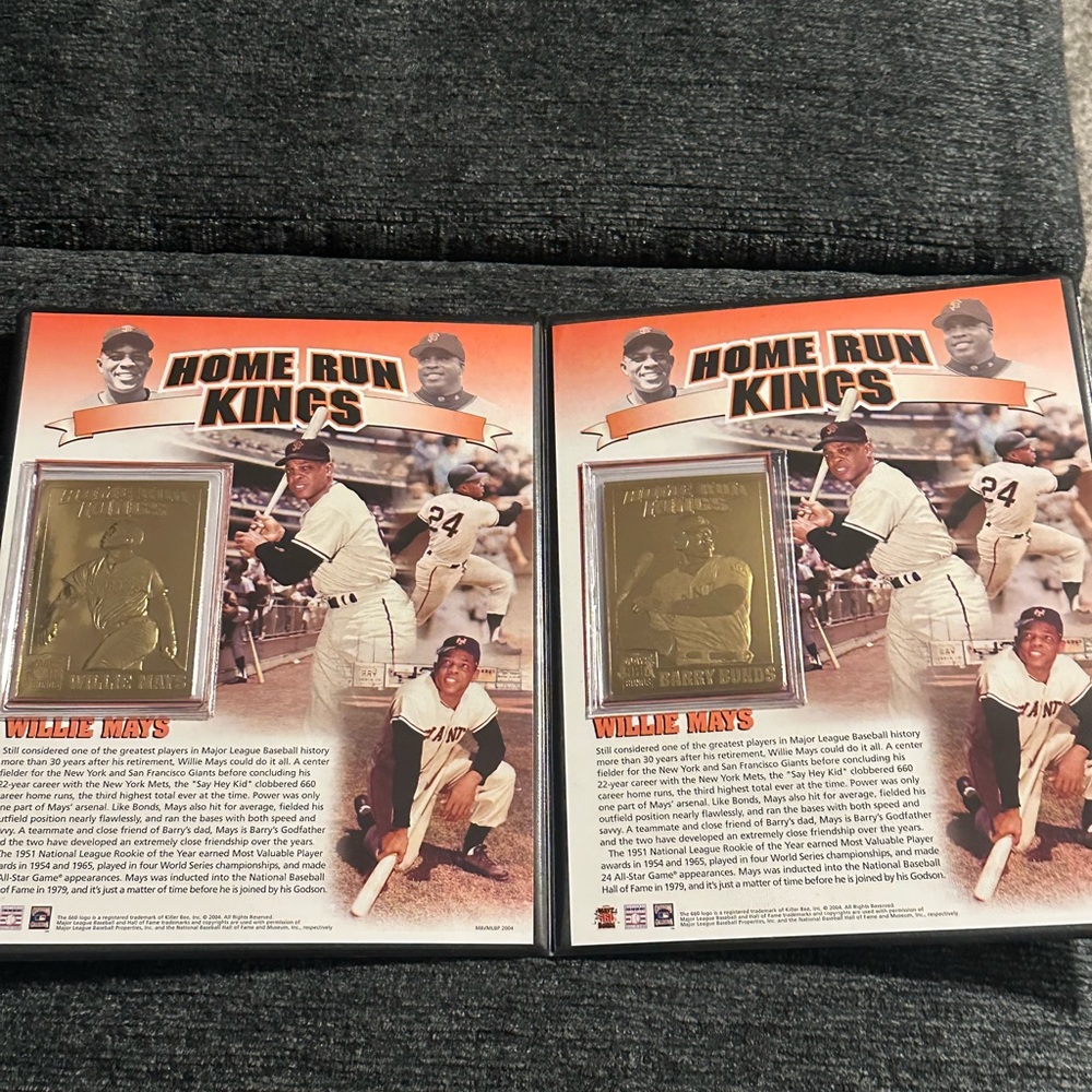 Lot of 2 Barry Bonds & Willie Mays 22 Kt Gold Home Run Kings cards Error insert